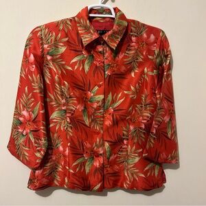 Silkland 100% Silk Jacket Shirt Top Women’s 14 Holiday Floral Lined